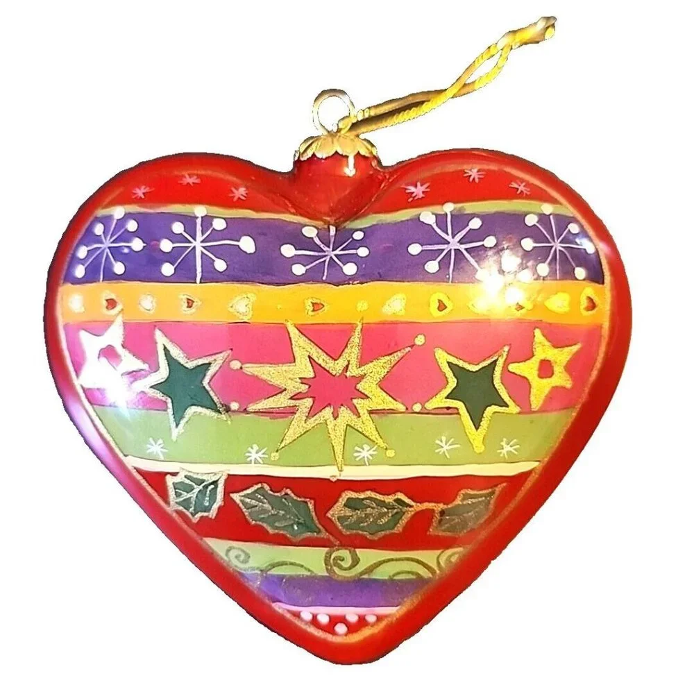Pier One1 Glass Ornament Puffy Heart Shaped Holly Stars Handpainted